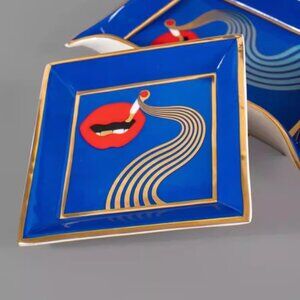 Brand New Jonathan Adler Blue Gold Red Porcelain Full Dose Square Tray